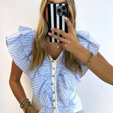 WHITE KNIT RUFFLE STRIPED TOP