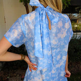 BLUE MULTI FLORAL ORGANZA MINI DRESS (size large left)