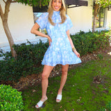 BLUE MULTI FLORAL ORGANZA MINI DRESS (size large left)