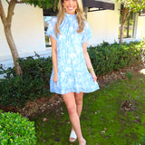 BLUE MULTI FLORAL ORGANZA MINI DRESS (size large left)