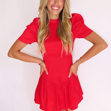 RED SATIN RUFFLE HEM DRESS