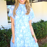 BLUE MULTI FLORAL ORGANZA MINI DRESS (size large left)