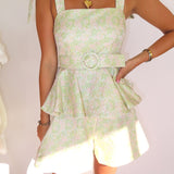 SAGE TIE PEPLUM TOP + FLARE SHORTS SET (size medium left)