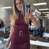 Maroon Mock Neck Belted Suede Dress