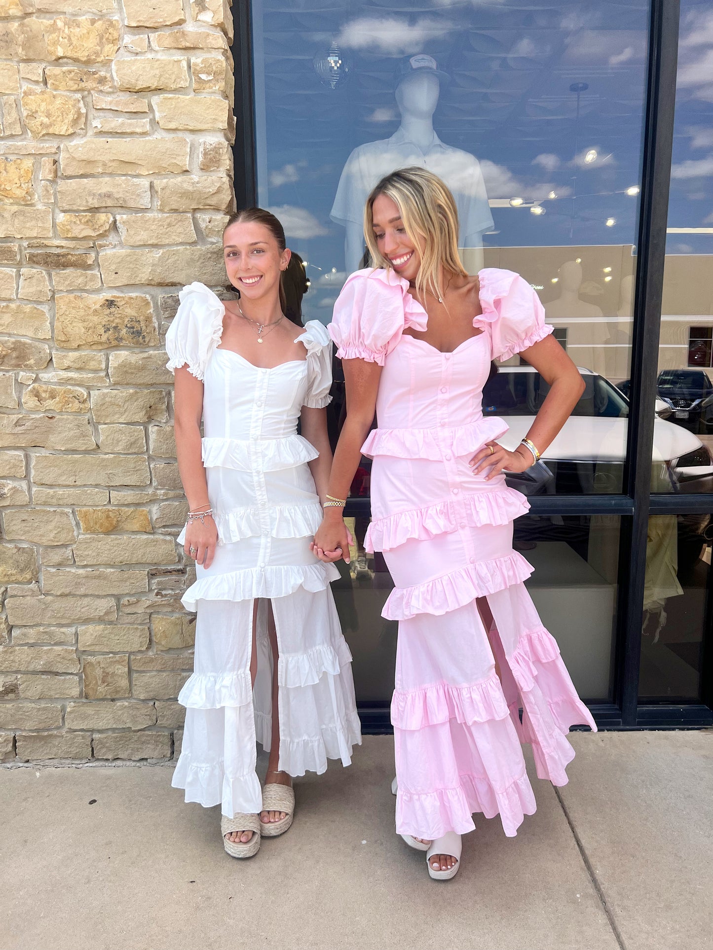 LIGHT PINK FRONT BUTTON TIERED MAXI DRESS