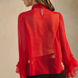 Red Sheer Chiffon Mock Neck Blouse