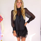 BLACK CHIFFON SHEER BOW TIE MINI DRESS