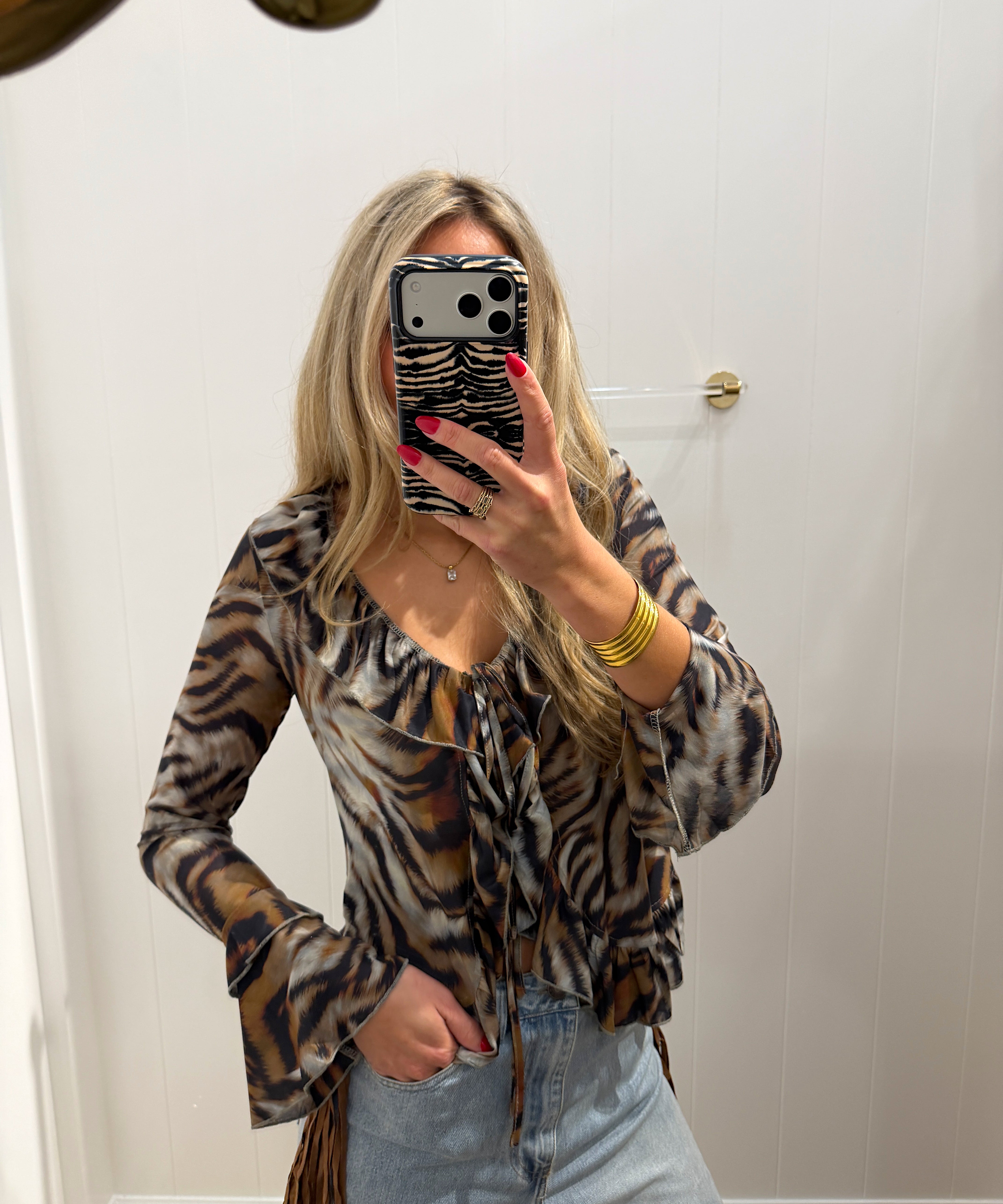 TIGER STRIPE RUFFLE TIE BLOUSE