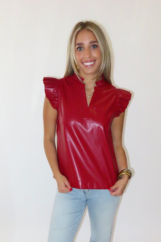 MAROON PLEATHER RUFFLE TOP