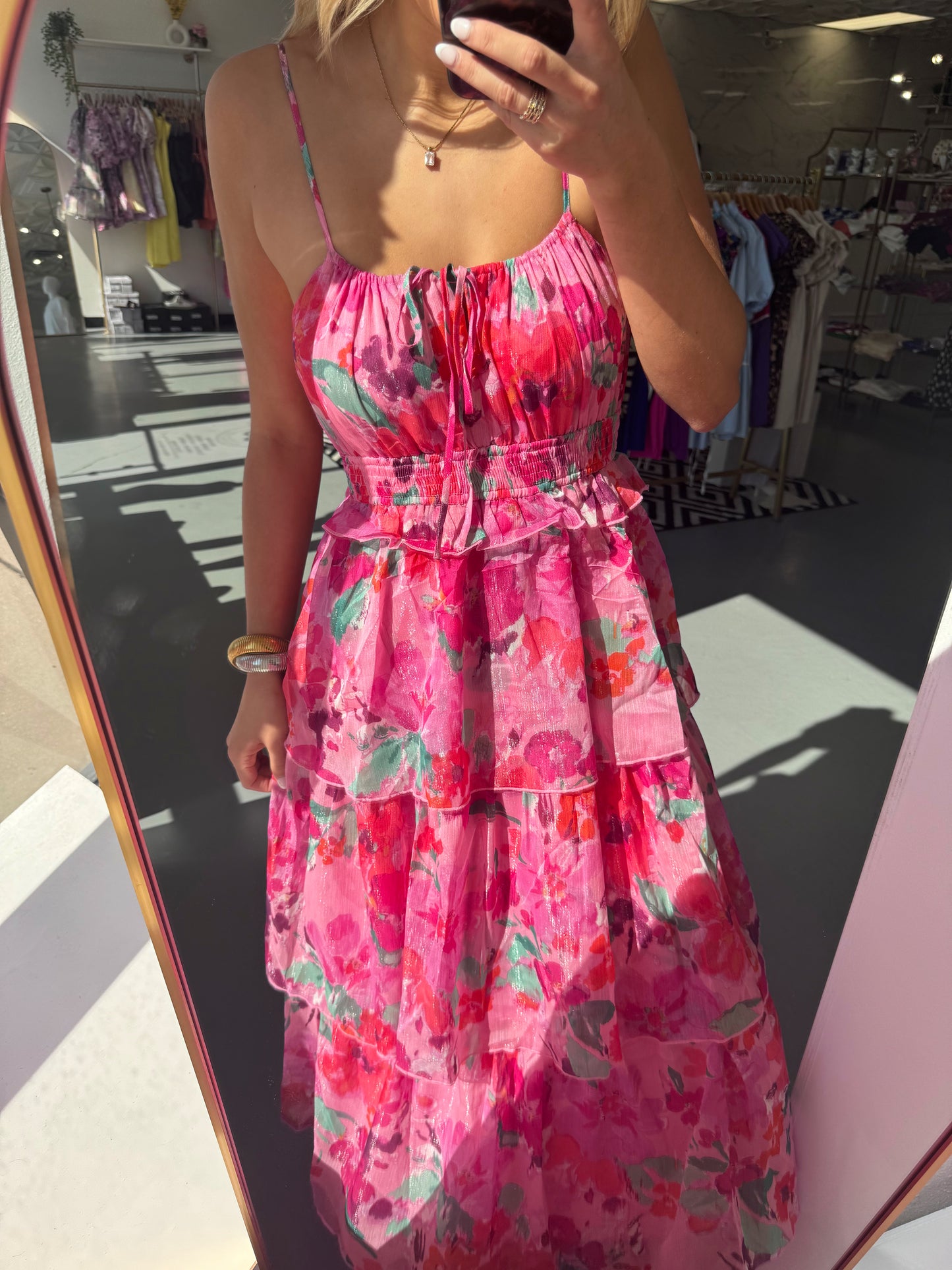 PINK MULTI FLORAL MIDI TIE DRESS