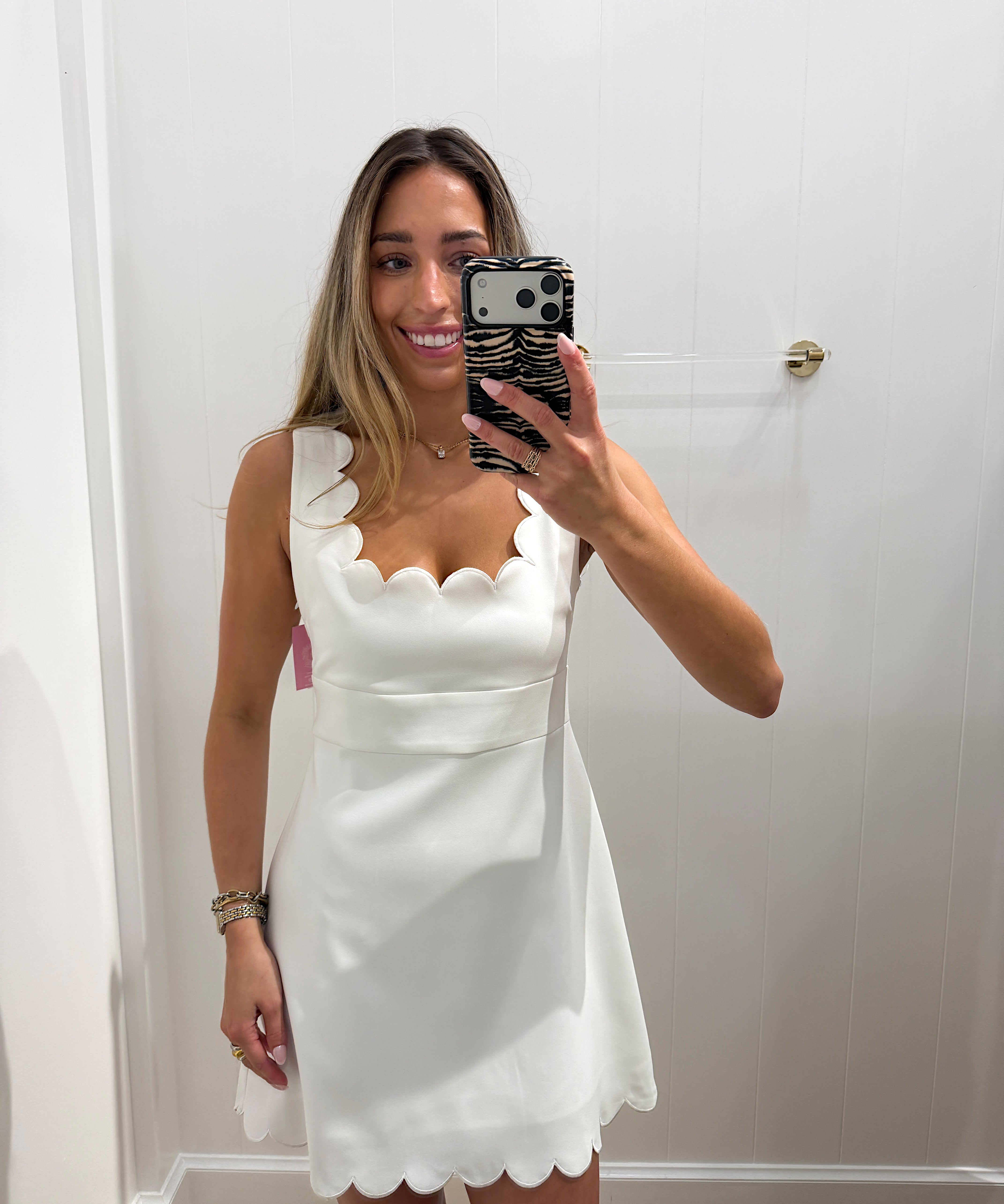 WHITE SLEEVELESS SCALLOPED DETAIL DRESS