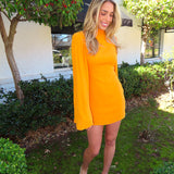 ORANGE MOCK NECK FLARED MINI DRESS