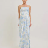 BLUE MULTI FLORAL STRAPLESS MAXI DRESS