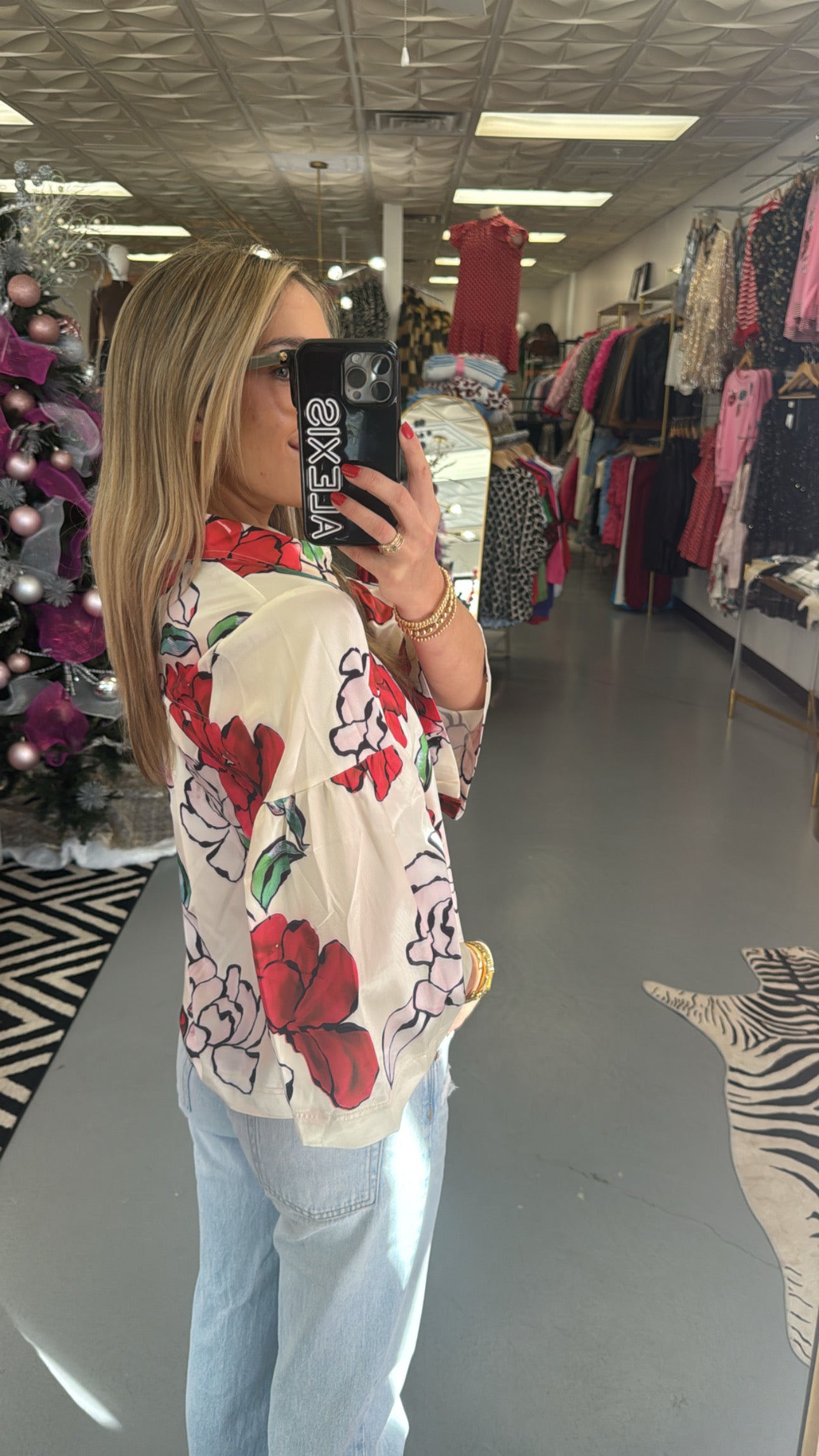 RED/ IVORY SATIN FLOWER BLOUSE