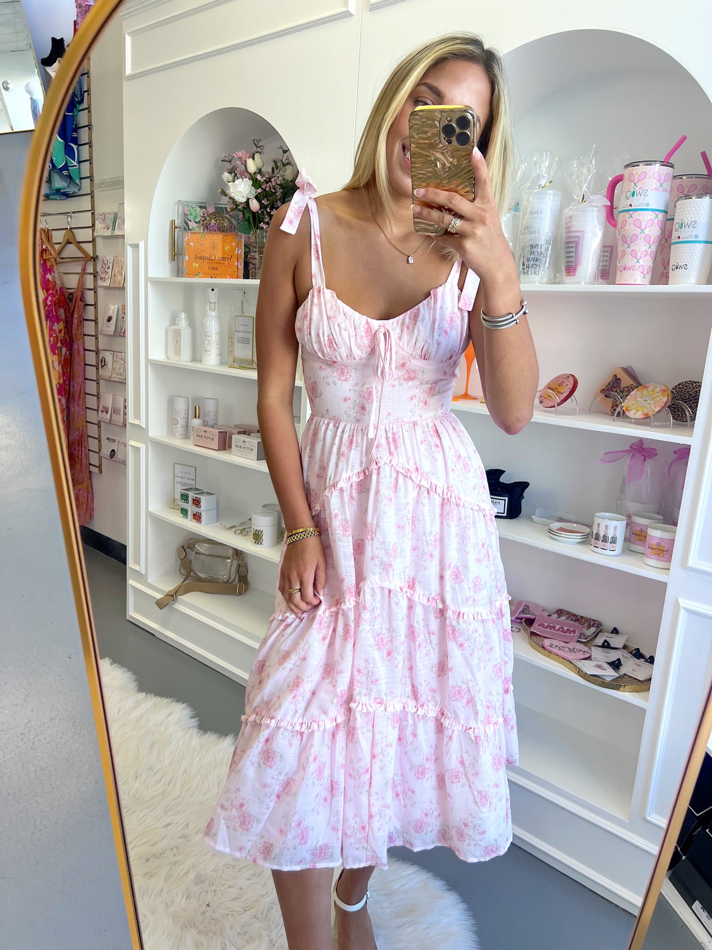 PINK FLORAL RUFFLE MIDI DRESS