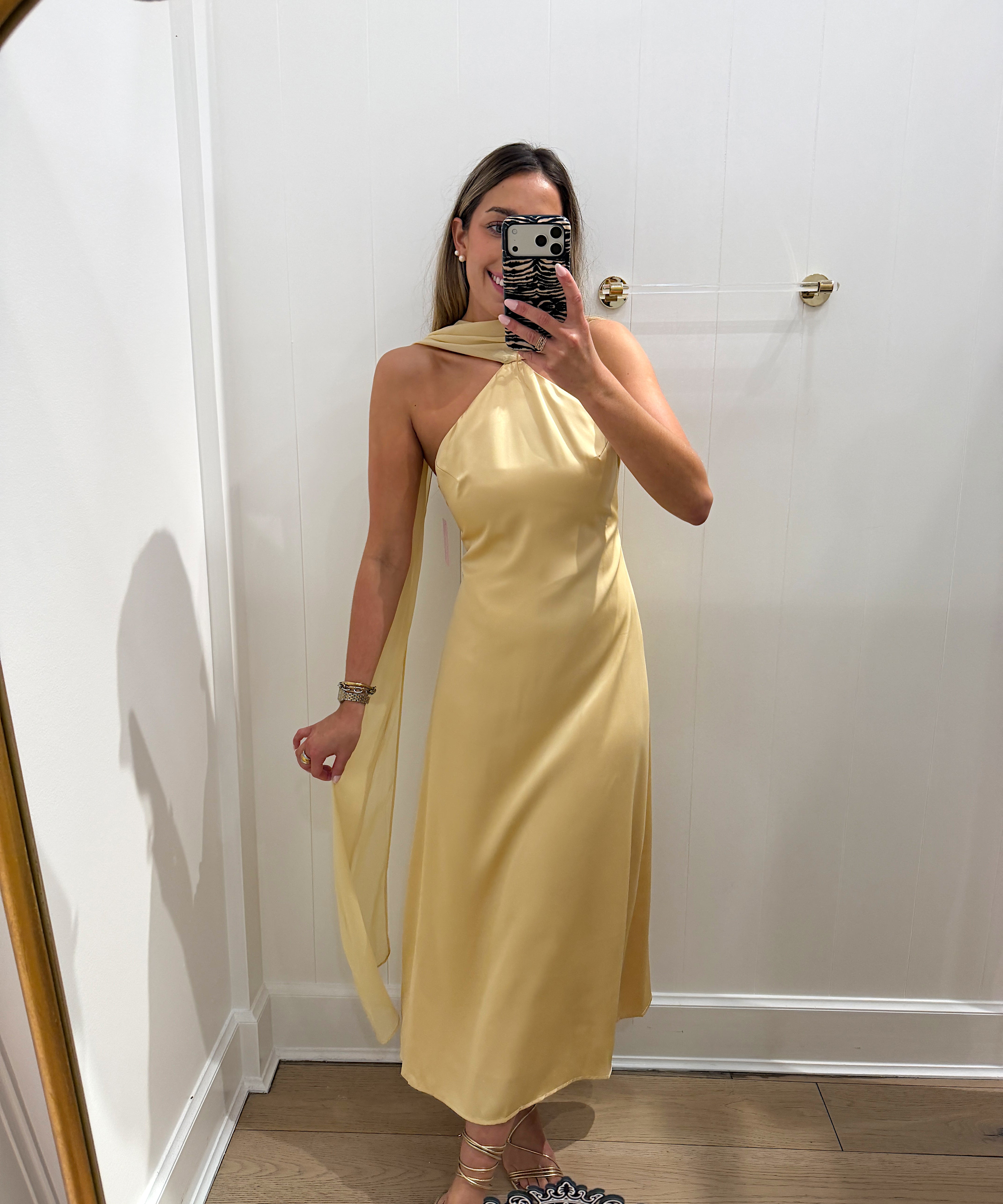 YELLOW SCARF ONE SHOULDER SATIN MAXI DRESS