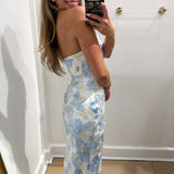 BLUE FLORAL SATIN STRAPLESS MAXI DRESS