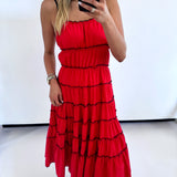 RED/ BLACK RUFFLED TIERED DRESS