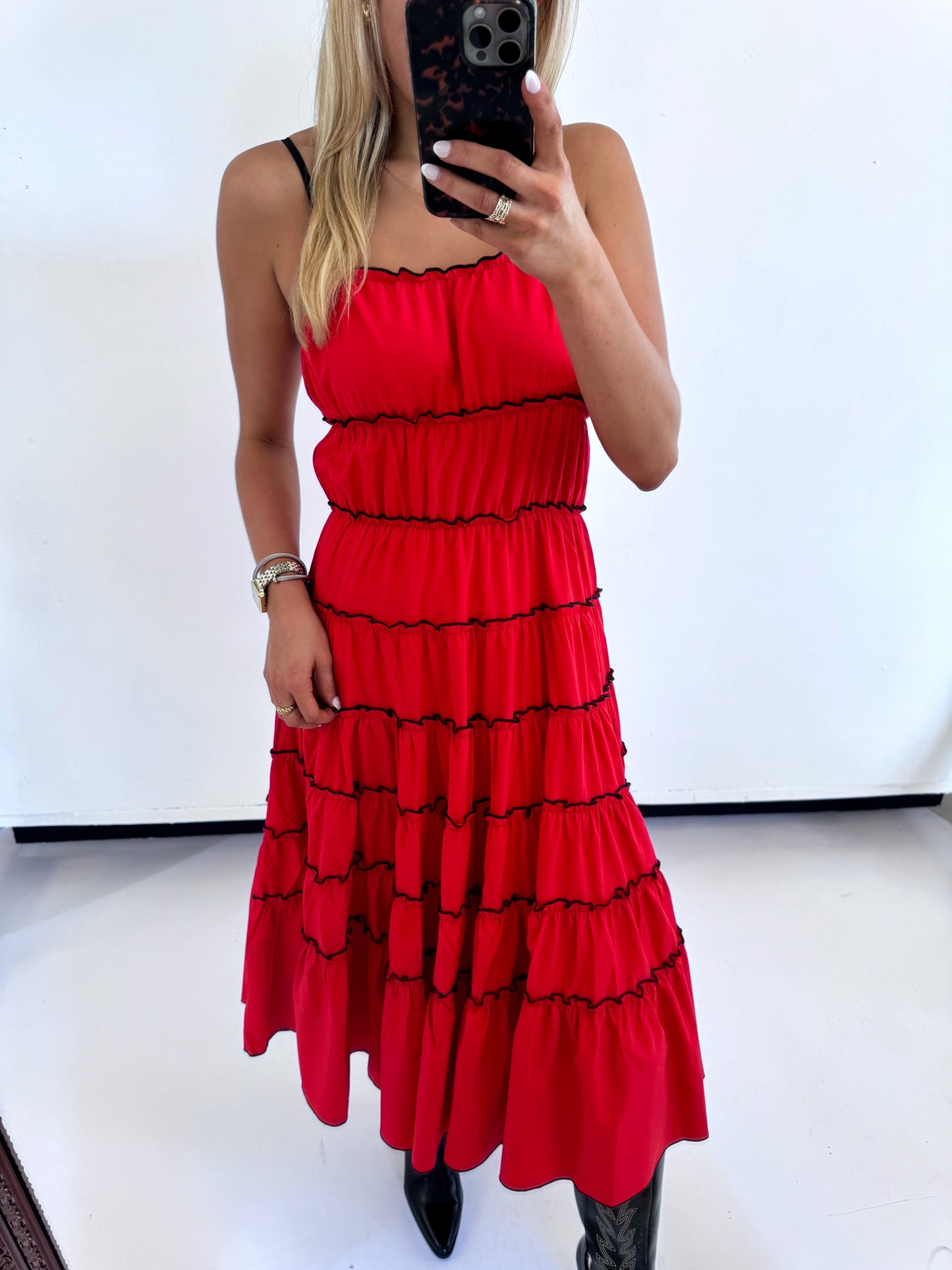 RED/ BLACK RUFFLED TIERED DRESS