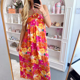 PINK FLORAL HALTER MAXI DRESS (size large left)