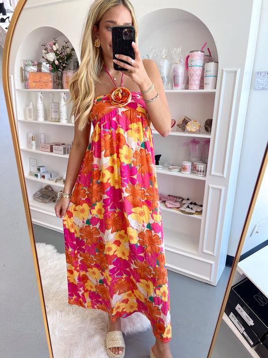 PINK FLORAL HALTER MAXI DRESS