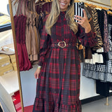 Red Plaid Bubble Sleeve Maxi Dress