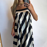 BLACK + CREAM SATIN STRIPED MIDI DRESS (size large left)