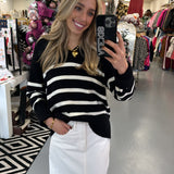 BLACK/ WHITE STRIPED COLLARED KNIT SWEATER