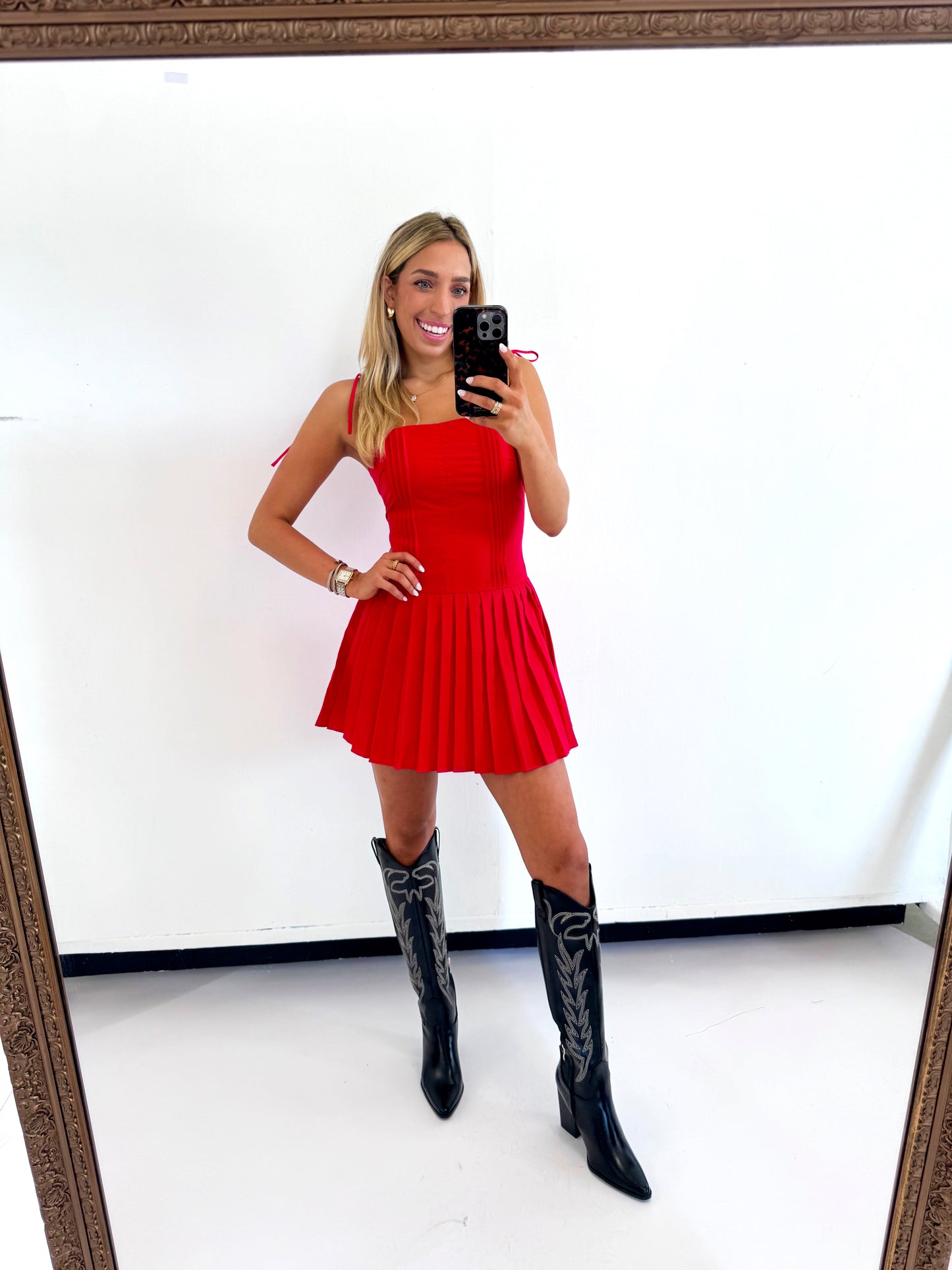 RED PLEATED DETAIL DRESS - (large left)