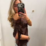 BROWN DRAPED OFF THE SHOULDER LACE TRIM BLOUSE