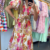 Ivory Floral Tie Midi Dress