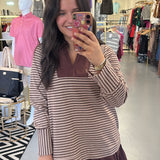 Brown Striped Ruffle Longsleeve Dress