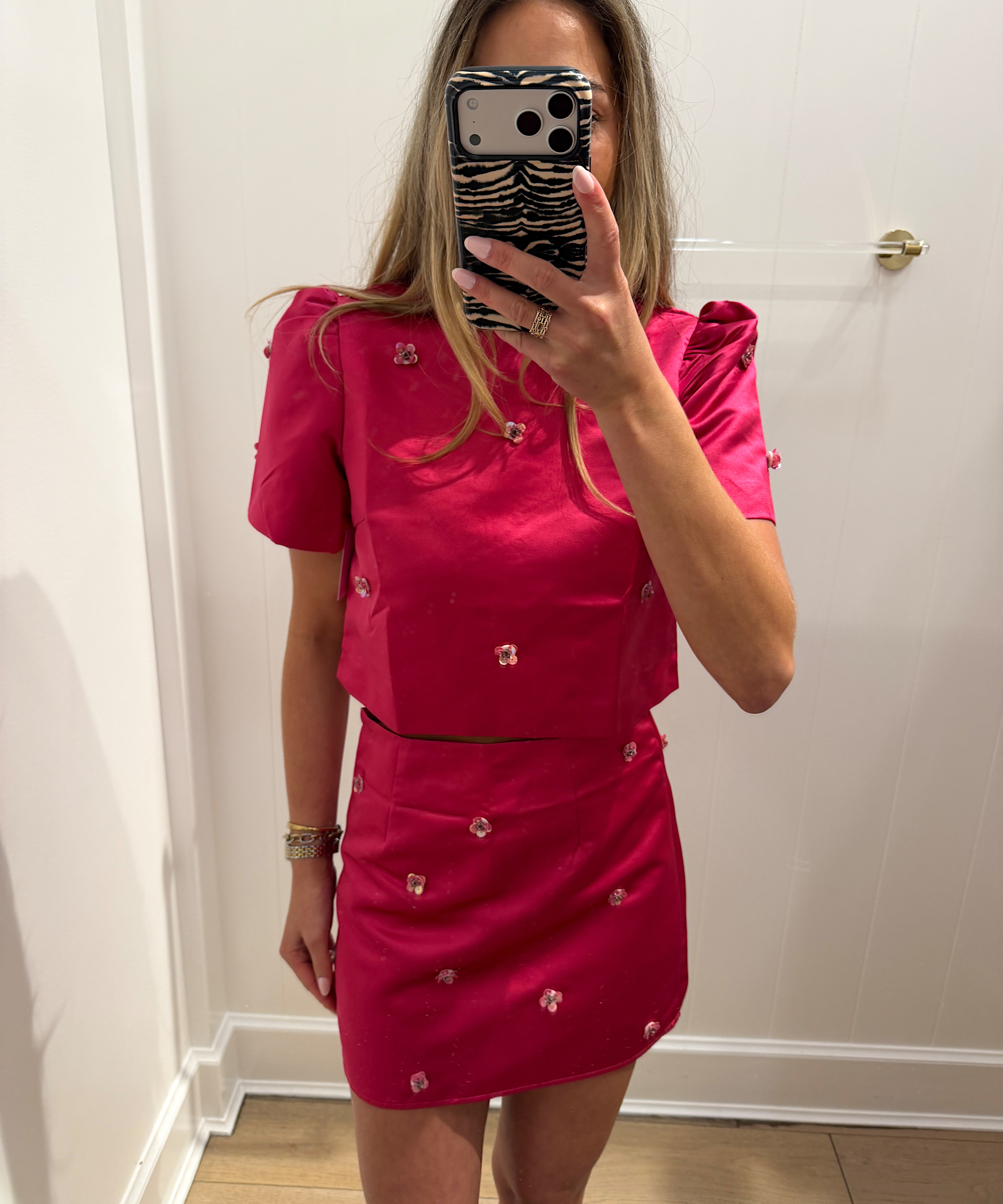 MAGENTA EMBELLISHED SATIN SKIRT SET