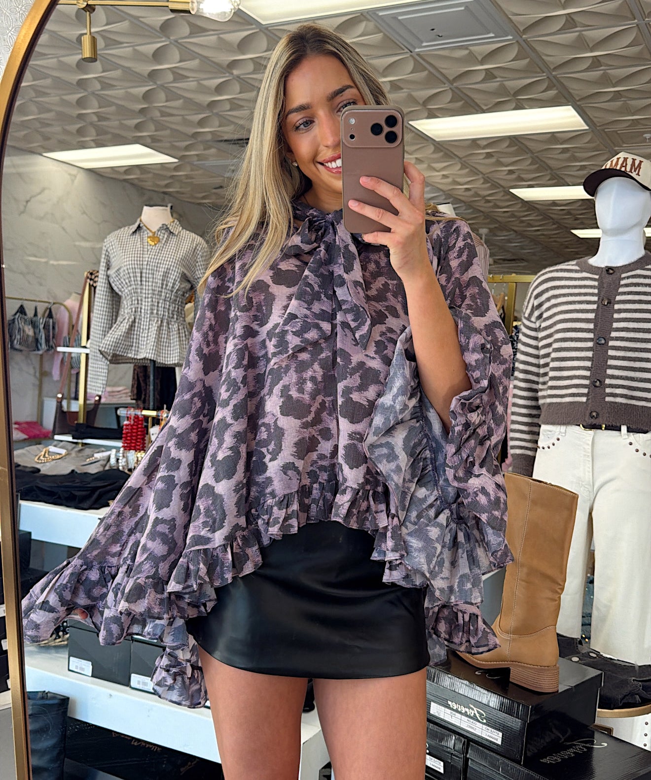 WF LEOPARD TIE RUFFLE NECK BLOUSE