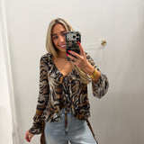 TIGER STRIPE RUFFLE TIE BLOUSE