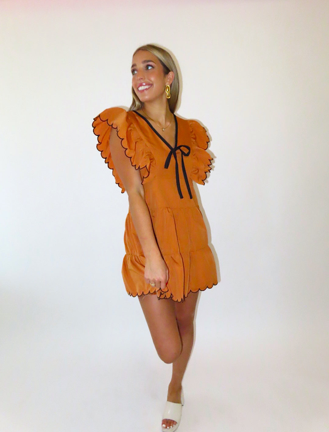 CAMEL RUFFLE SCALLOPED DRESS