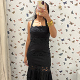 LBK BLACK LACE TIERED MIDI DRESS