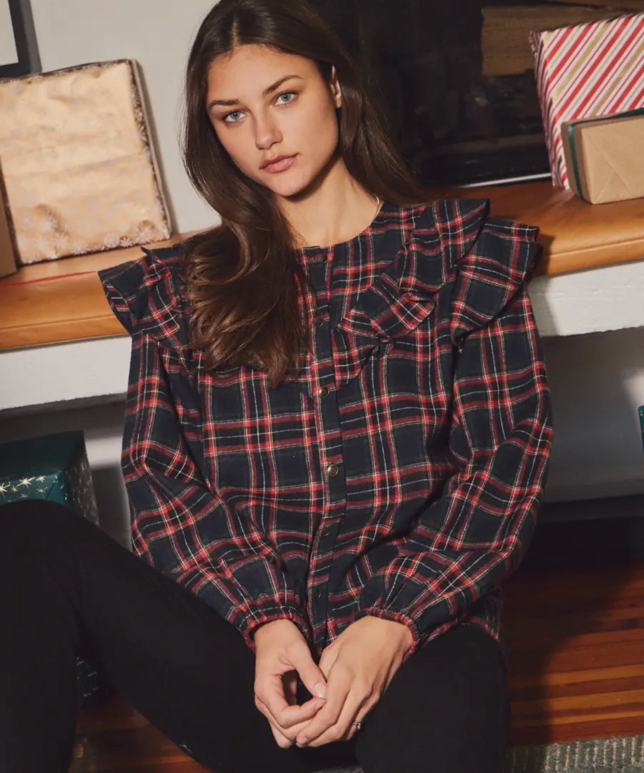 Black Plaid Front Blouse