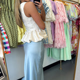 Baby Blue Satin Midi Skirt