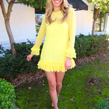 YELLOW SHEER RUFFLE DETAIL LONG SLEEVE DRESS