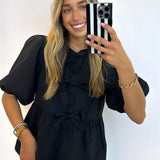 BLACK POPLIN FRONT TIE BLOUSE