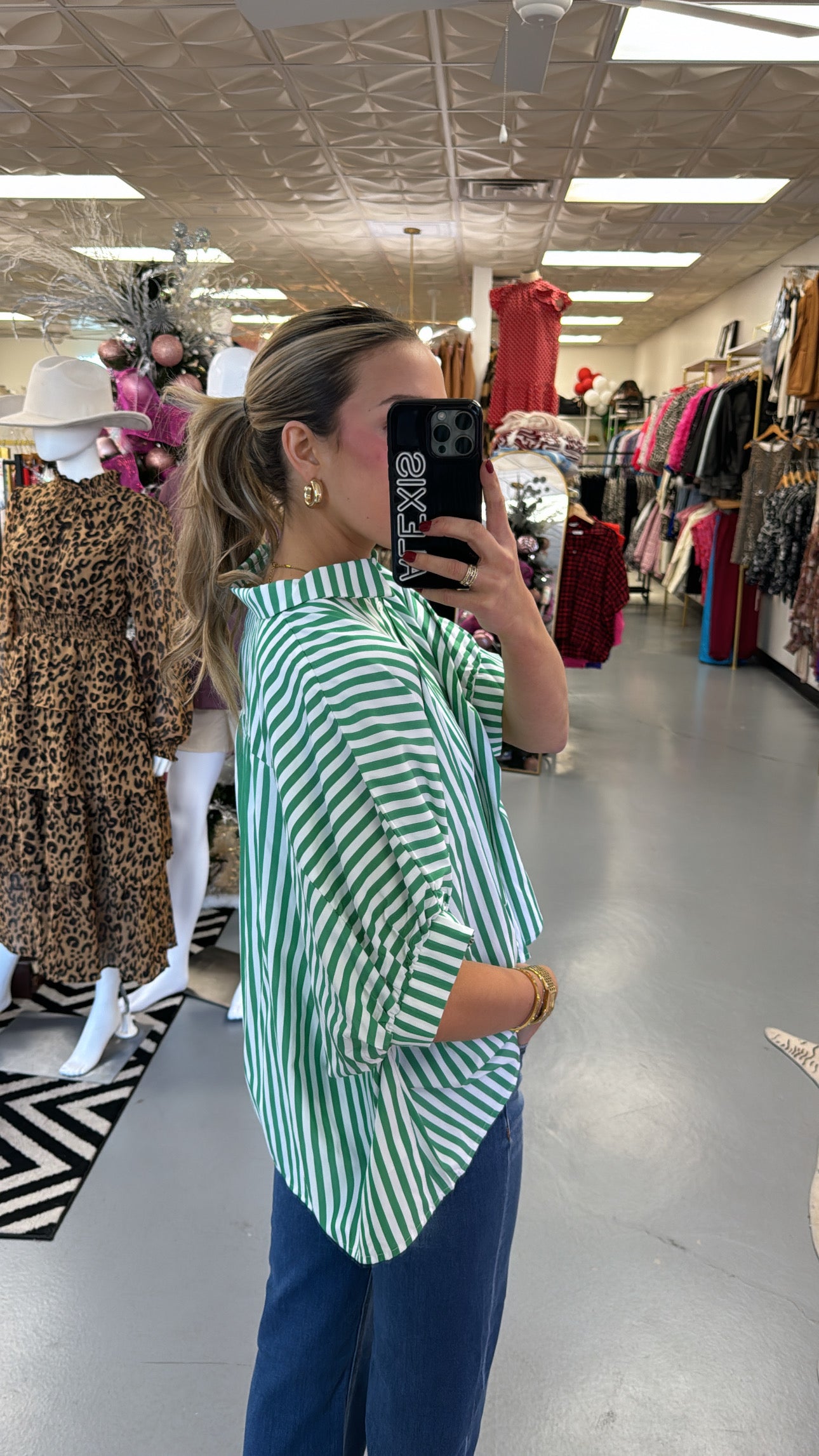 GREEN + WHITE STRIPED OVERSIZED BUTTON DOWN