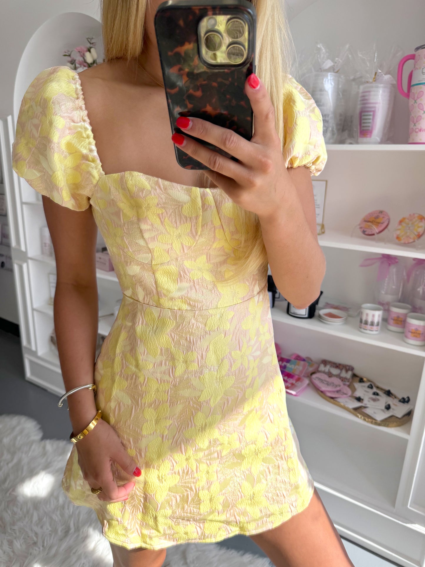 YELLOW FLORAL PUFF SLEEVE MINI DRESS