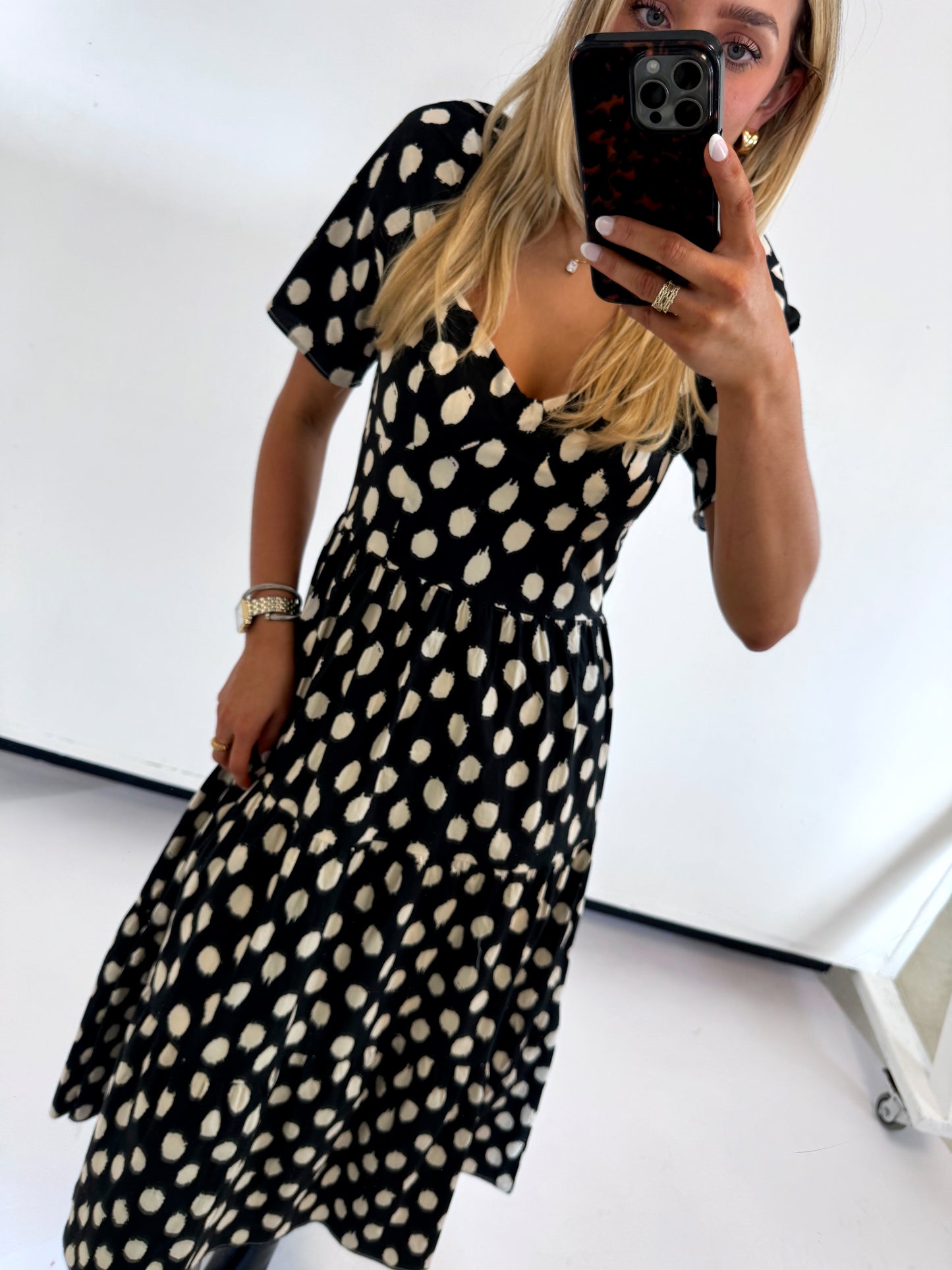 BLACK POLKA DOT SLEEVE MIDI DRESS