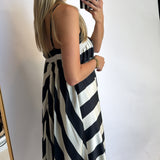 BLACK + CREAM SATIN STRIPED MIDI DRESS (size large left)