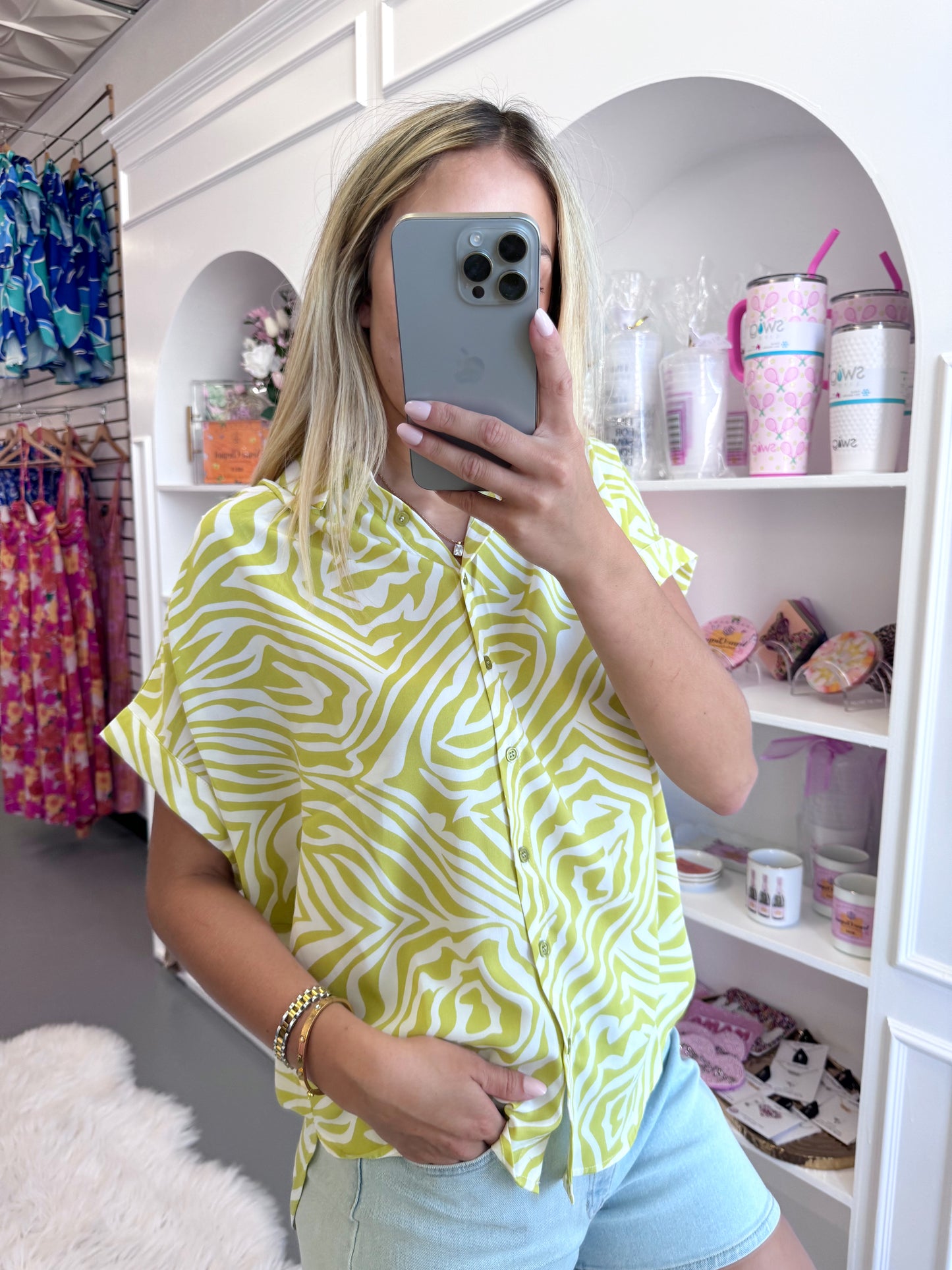 GREEN COLLARED ZEBRA PRINT BLOUSE