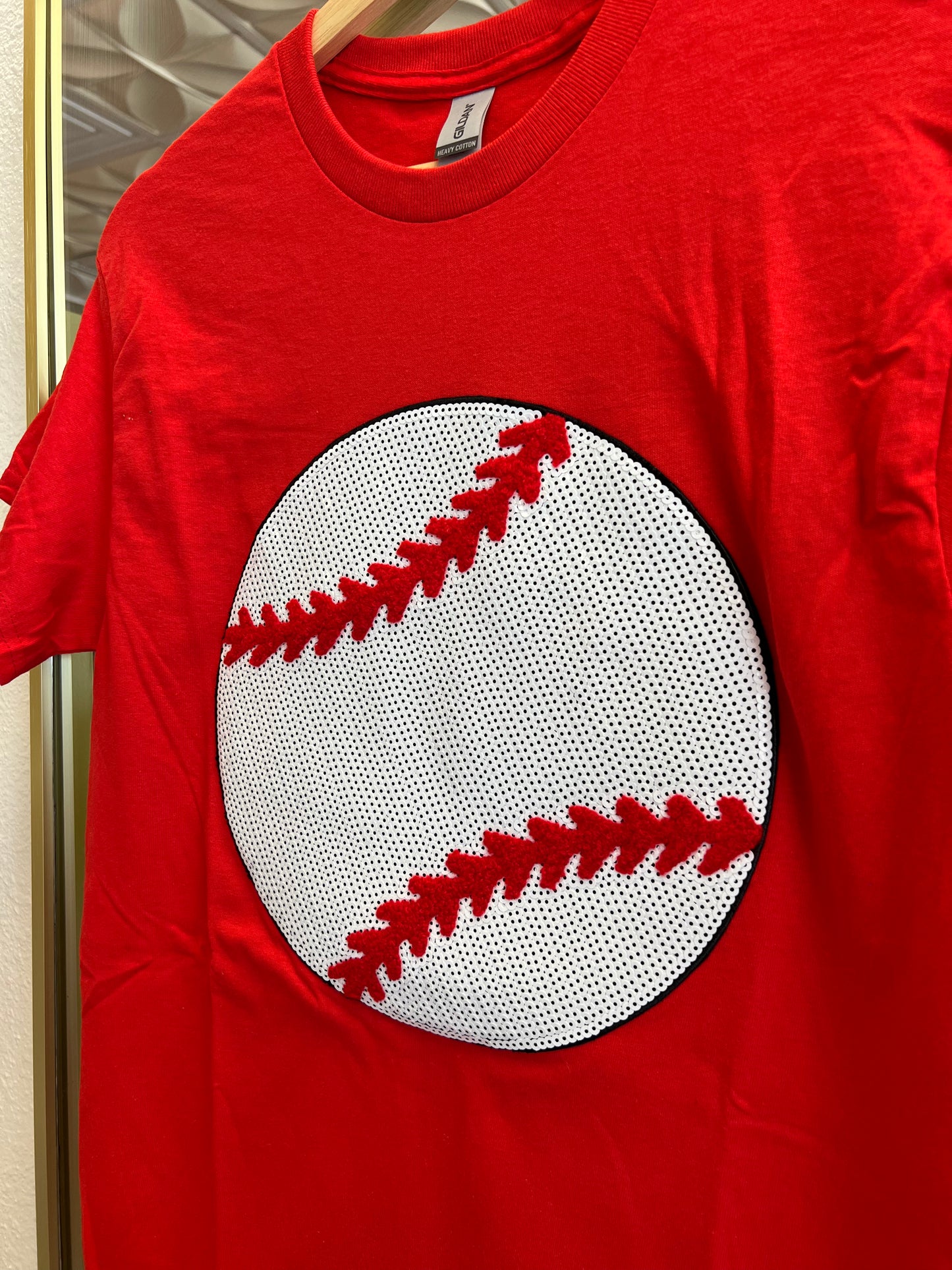 RED SEQUIN BASEBALL TEE