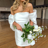 WHITE SATIN OFF THE SHOULDER RUCHED DRESS