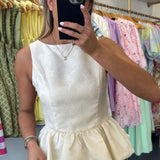 Cream Jacquard Sleeveless Peplum Top