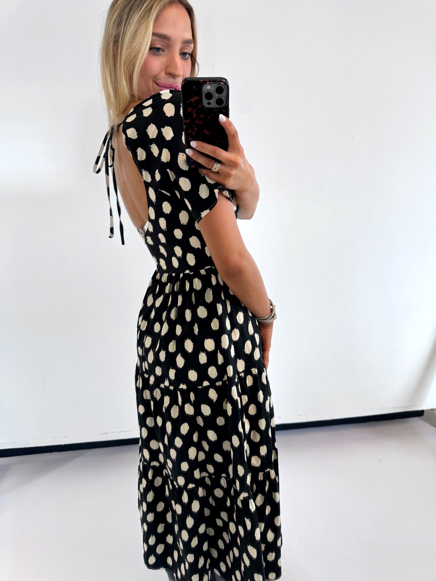 BLACK POLKA DOT SLEEVE MIDI DRESS